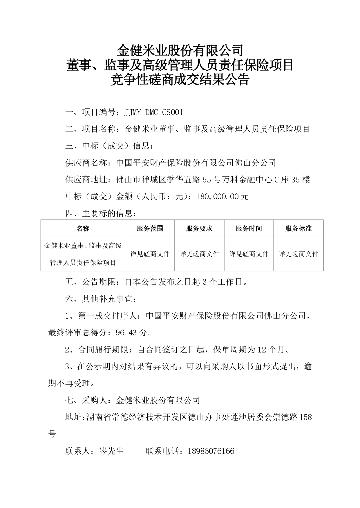 金健米业股份有限公司董事、监事及高级管理人员责任保险项目竞争性磋商成交结果公告(图1)